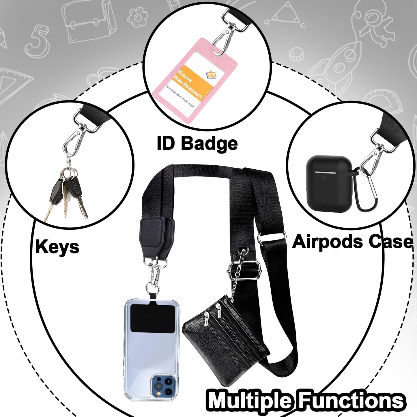 XANGNIER Clip and Go Strap for Phone with Wallet Crossbody, Phone Strap with Zippered Wallet, Adjustable Anti Theft Cellphone Lanyard for Women, Cellphone Chain Accessories, Black