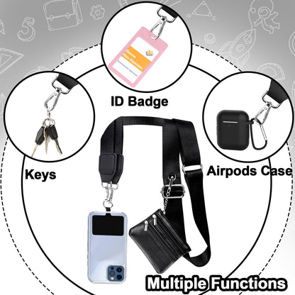 XANGNIER Clip and Go Strap for Phone with Wallet Crossbody, Phone Strap with Zippered Wallet, Adjustable Anti Theft Cellphone Lanyard for Women, Cellphone Chain Accessories, Black