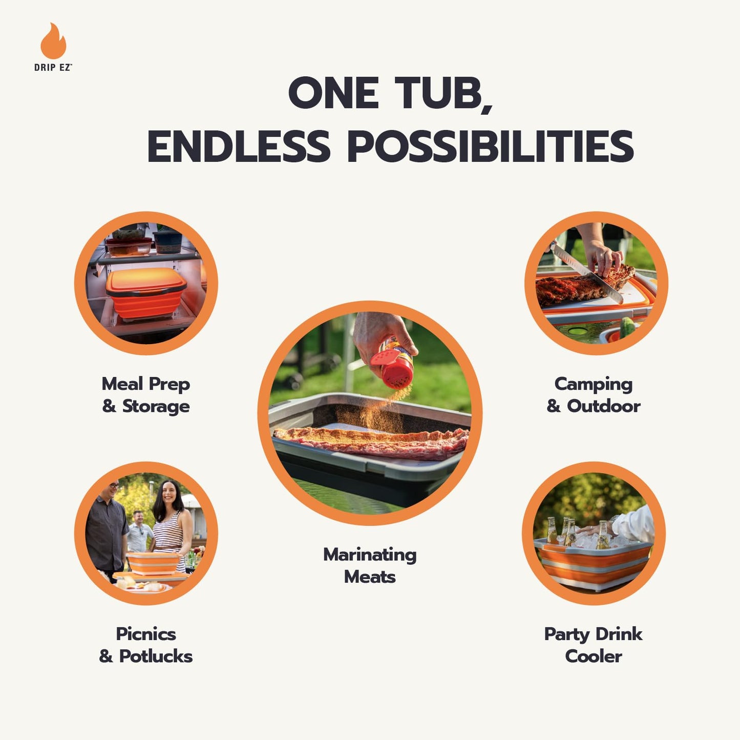 Drip EZ Collapsible BBQ Prep Tub - for Meal Prep Marinating Food Storage - Includes Cutting Board & Locking Lid - (1) XL - Black