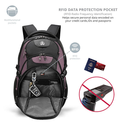 Swissdigital Design Laptop Backpack with USB Charging Port, TSA Travel Backpack Fits 15.6 inches Computer, 31L College School Backpack for Women, Light Purple/Black | SD803