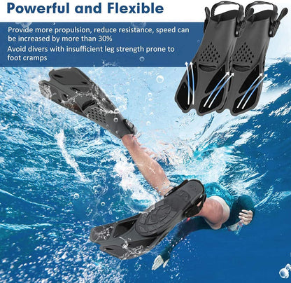 Snorkel Fins, Swim Fins with Adjustable Buckles, Open Heel, Travel Size Short Flippers for Snorkeling, Swimming and Scuba Diving, Light Diving Fins with Mesh Bag for Adult Men Women Kids