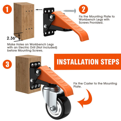 Ronlap Workbench Casters Kit 880 Lbs Capacity, 3" Extra Heavy Duty Retractable Casters 4 Pack, Side Mounted Adjustable Table Stepdown Casters