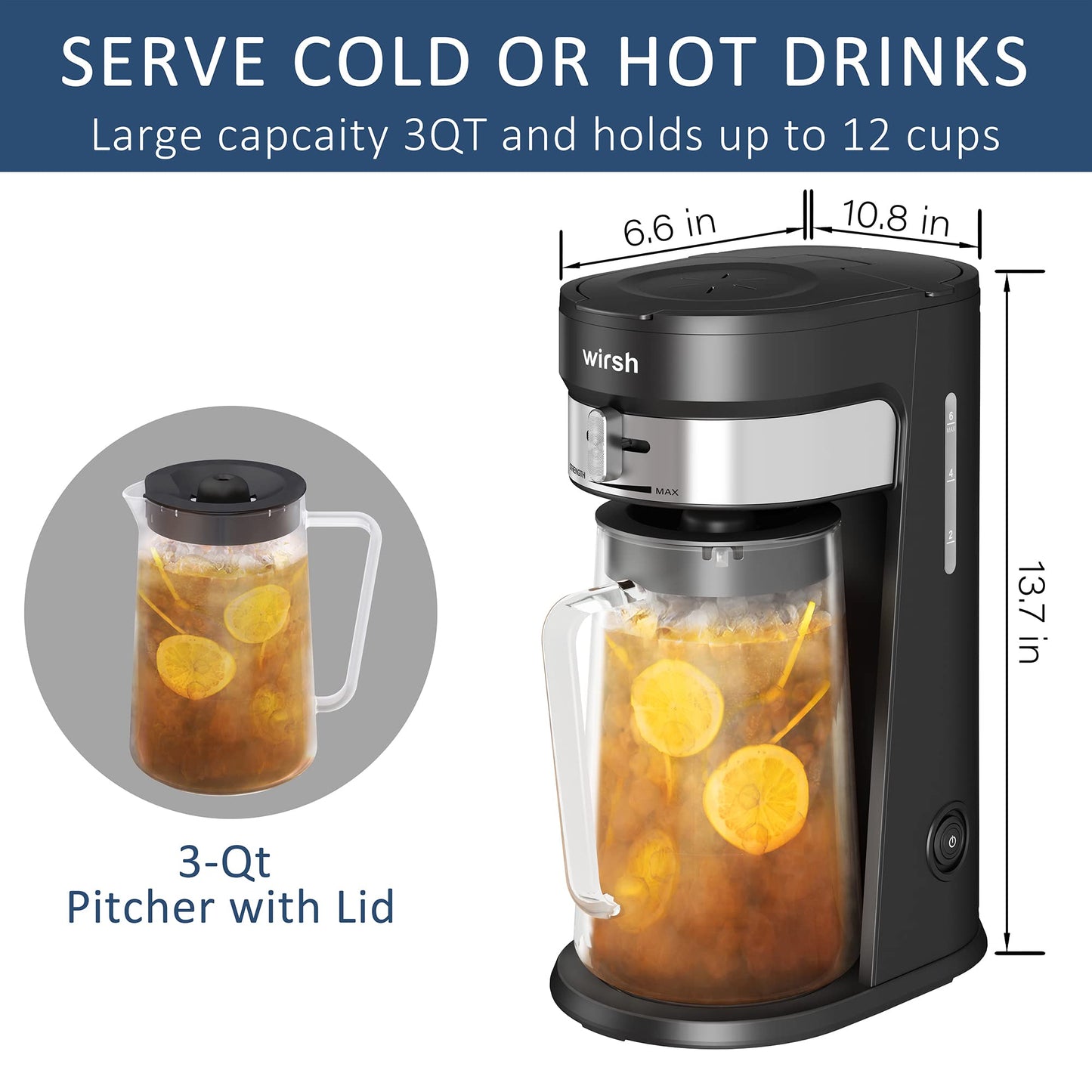 wirsh Iced Tea Maker with 3QT Pitcher, Iced Coffee Maker with Strength Control and Reusable Filter, Perfect For Iced Coffee, Latte, Tea, Lemonade, Flavored Water, Black
