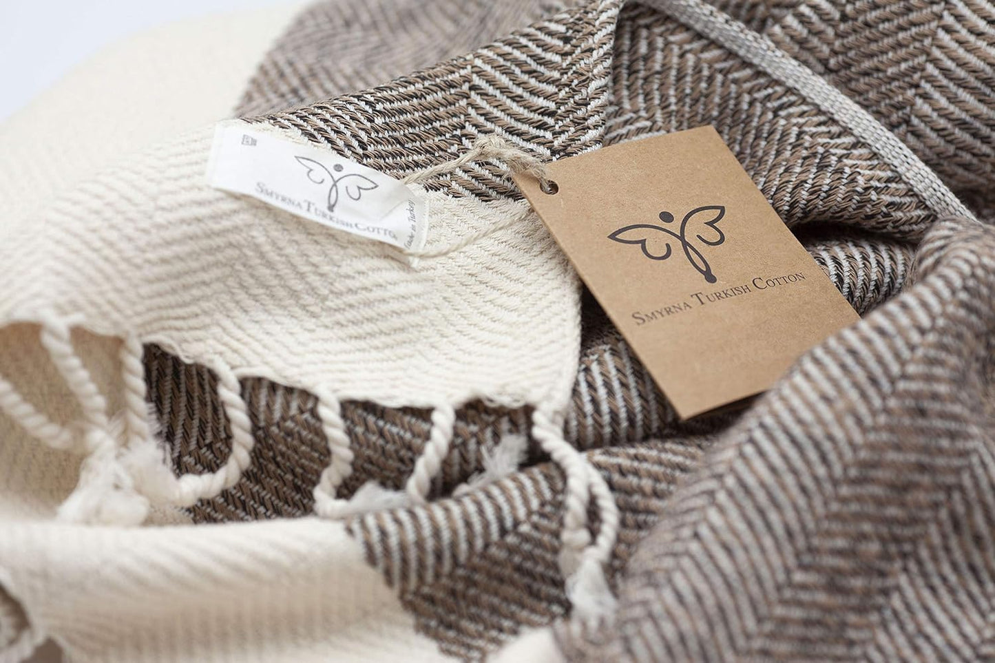 SMYRNA TURKISH COTTON Herringbone Series Turkish Hand Towels Set of 2, 16x40 inch, Decorative Turkish Hand Towels for Bathroom, Kitchen, Face, Hair, Tea, Yoga, Gym, Dishcloth Set of 2, Latte