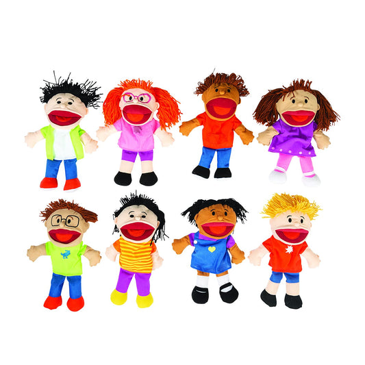 Fun Express 14" Happy Kids Stuffed Hand Puppets with Movable Mouths - 8 Puppets - Multicultural - Great for School and Home