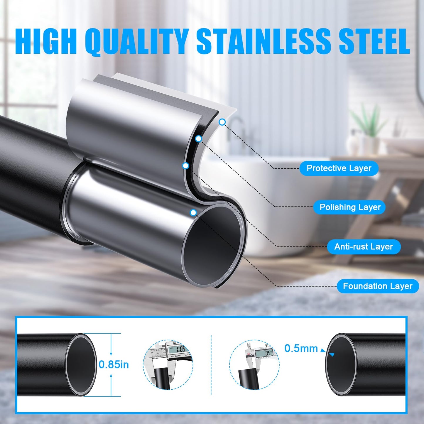 TEECK Shower Curtain Rod, 27-76 inch Adjustable Spring Tension Curtain Rod, Never Rust Anti-Slip Shower Curtain Rod for Bathroom, No Drilling, Never Collapse, Easy to Use, Black