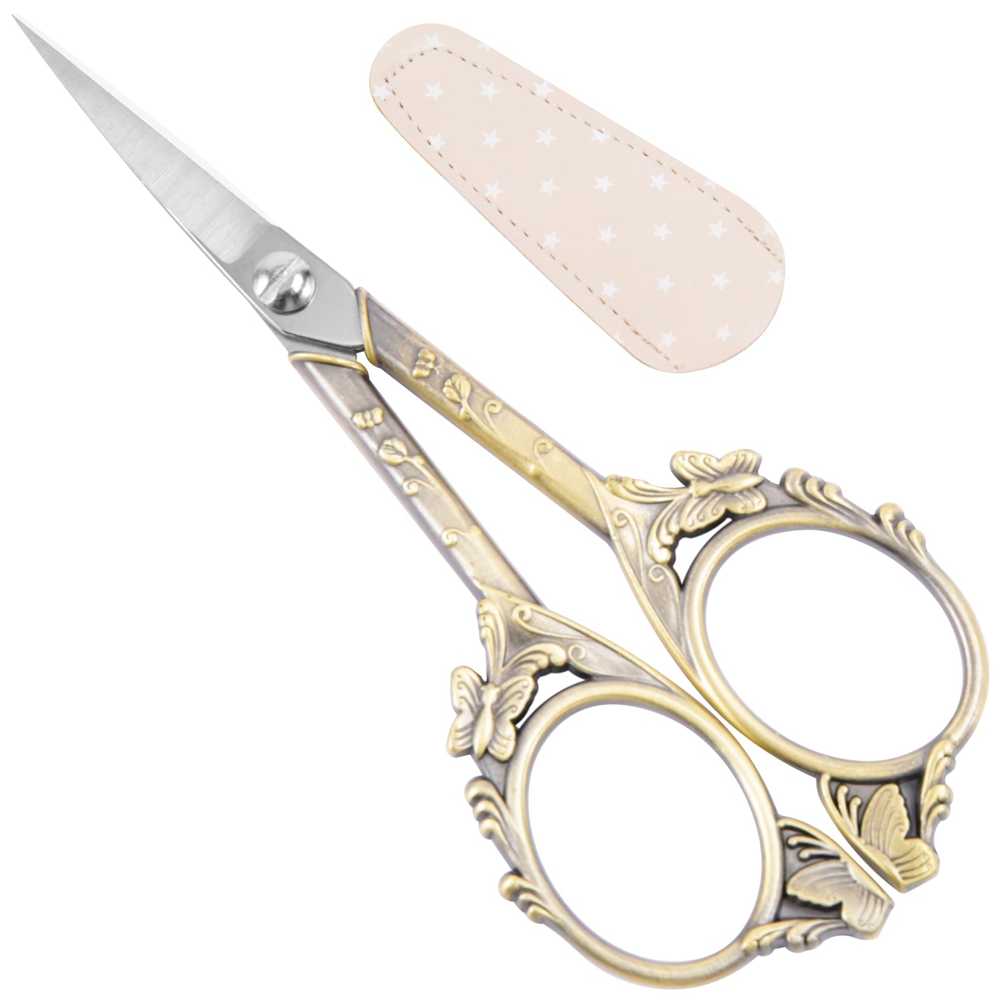 Artistic Vintage Craft Scissors Small 4.6 Inch Sharp Sewing & Embroidery Tool - Engraved Bronze Butterfly Handle, Silver Blade, Pink Polka Dot Case for Crochet, Fabric, Paper, DIY Crafts