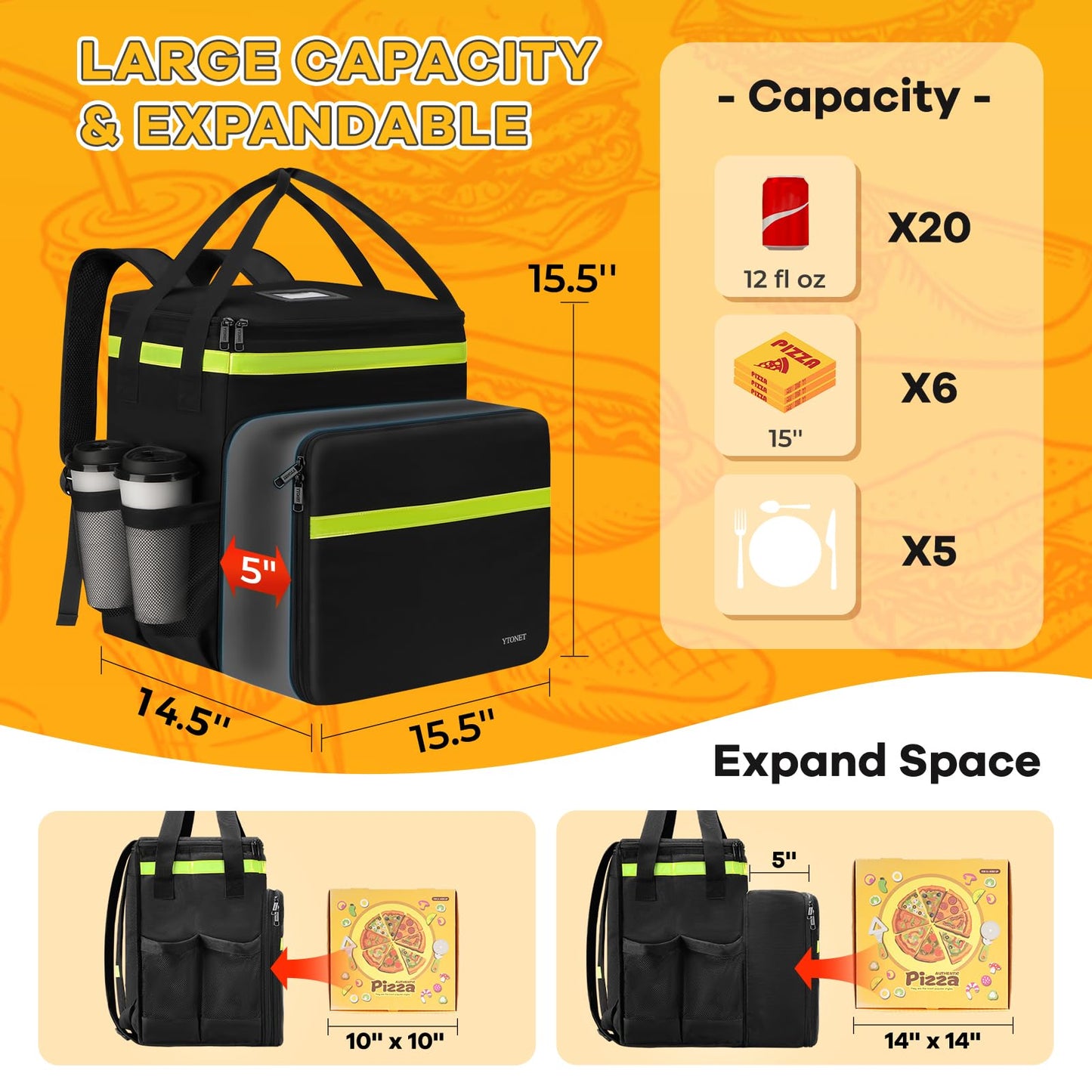 Ytonet Food Delivery Backpack with 7 Cup Holders, Extra Large Insulated Delivery Bags for Hot/Cold Food, Expandable Insulated Pizza Bag for Bike Fits for Uber Eat, Grubhub, Doordash, Black