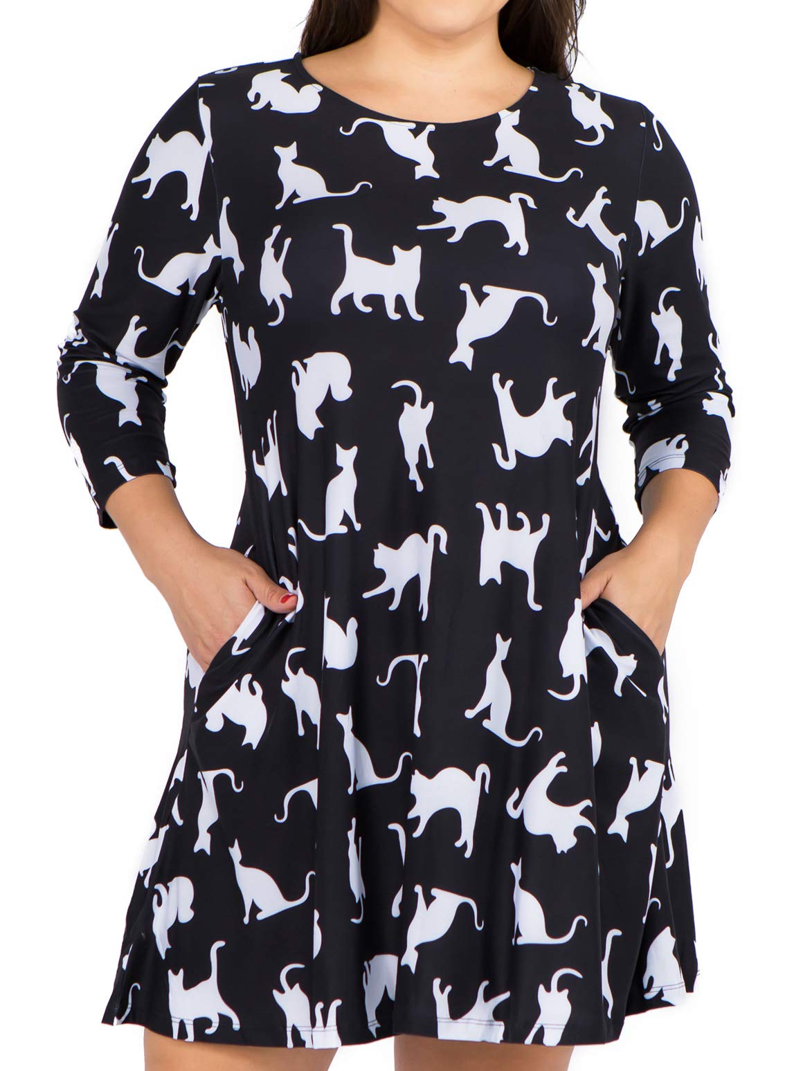 Women's Plus Size Novelty Cat Print Dresses with Pockets 2X Casual 3/4 Sleeves Crew Neck Fit and Flare Dress Balck White Kitty