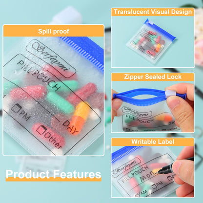 Serfeymi 32 Pcs Zippered Pill Pouches Organizer Plastic Bags 3 X 3 Inches 12 mil Self Sealing with Slide Lock Writable Label Translucent Travel Medicine Storage Bag Case and 1 Pc Marker-Blue