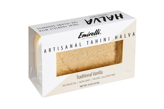Emirelli Artisanal Halva Dessert – Authentic Middle Eastern Candy Turkish Sweets – Vegan Candy 55%-Tahini Halwa - Halvah Traditional International Sweets – Tasty Traditional Vanilla Flavor, Pack of 1