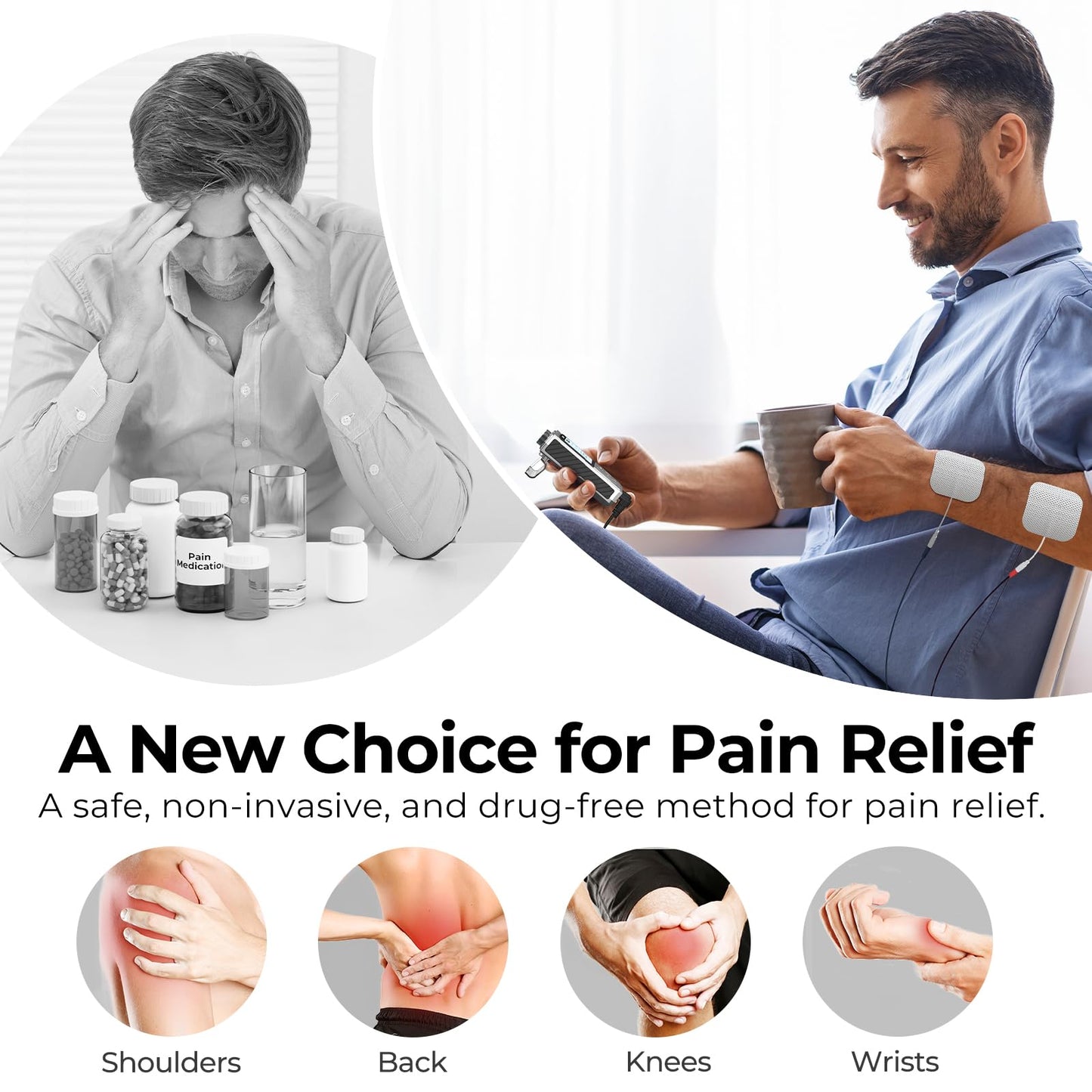 AUVON Rechargeable Digital TENS Unit Muscle Stimulator with 600 mAh Battery, TENS Machine with 8 Customizable Modes, Electric Massager for Shoulder, Back Pain Relief, 6 TENS Pads, A Carry Case