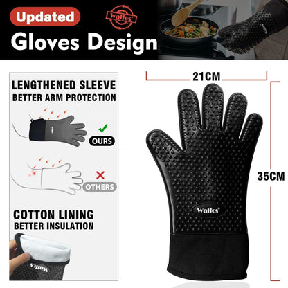 Walfos Silicone BBQ Gloves - Heat Resistant Grilling Gloves, Premium Non-Slip Kitchen Silicone Oven Mitt With Protective Cotton Layer Inside, Waterproof, Great for Grilling, Kitchen and Cooking, Black