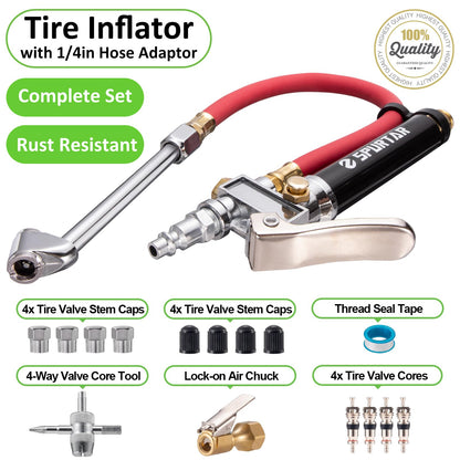 Spurtar 10-120 PSI Heavy Duty Tire Pressure Gauge with Inflator Air Chuck with Pressure Gauge with 4 Way Tool and Valve Cores Air Compressor Attachments Tire Inflator Nozzle for Car Automotive Truck