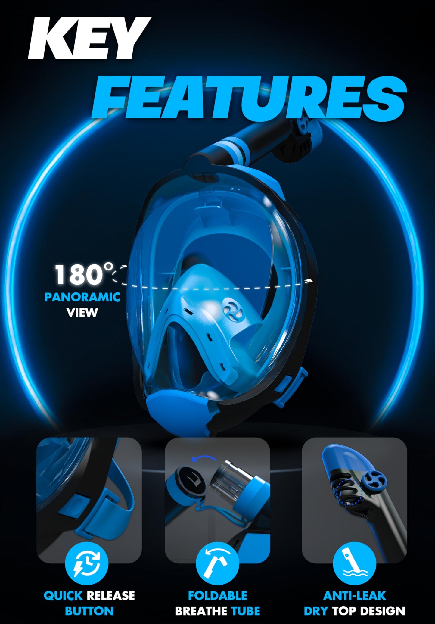 COZIA DESIGN Snorkeling Gear for Adults - Full Face Snorkel Mask and Swim Fins, 180° Panoramic View Snorkel Mask, Anti Fog and Anti Leak Adult Snorkel Set (Blue, Mask M - Fins M)