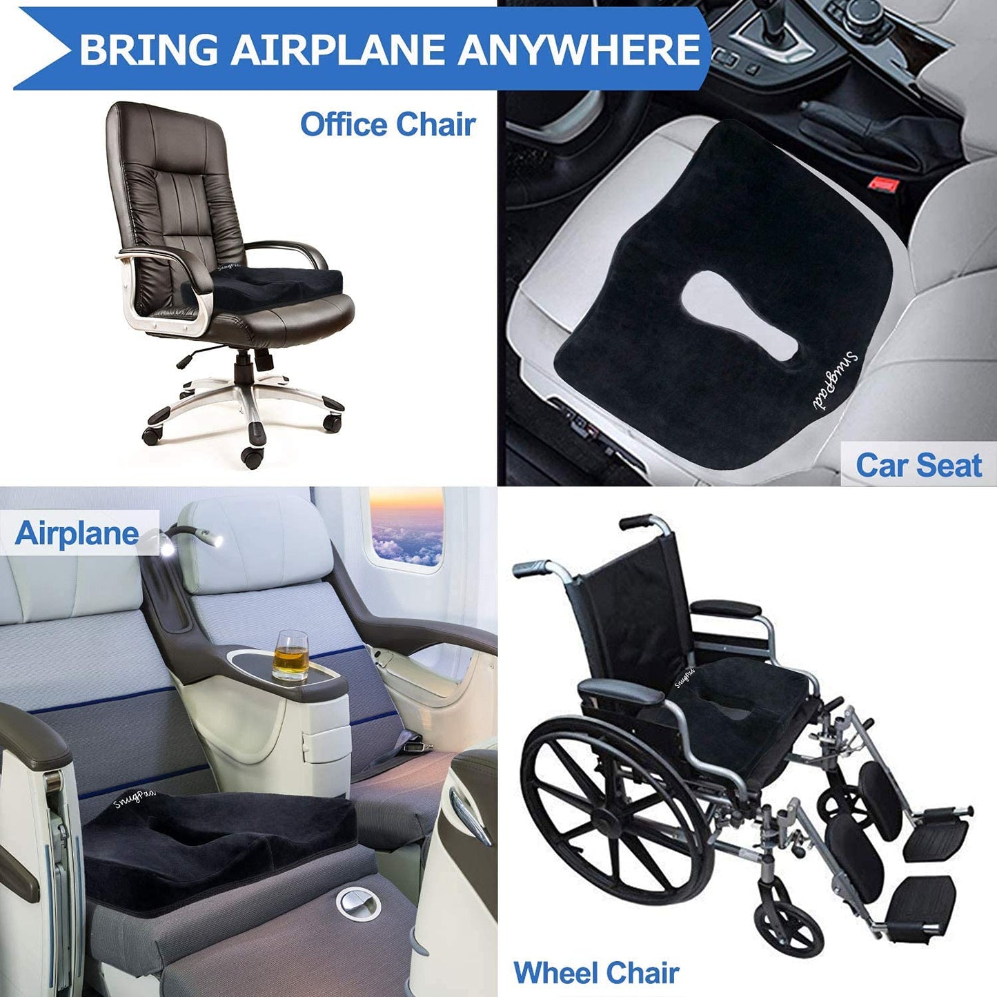 SnugPad Premium Memory Foam Seat Cushion, for Sciatica Tailbone Back Pain Relief, Posture Correction. Orthopedic Sitting Pillows for Office Chair, Car, Truck, Wheelchair with Non-Slip Bottom (2Pk)