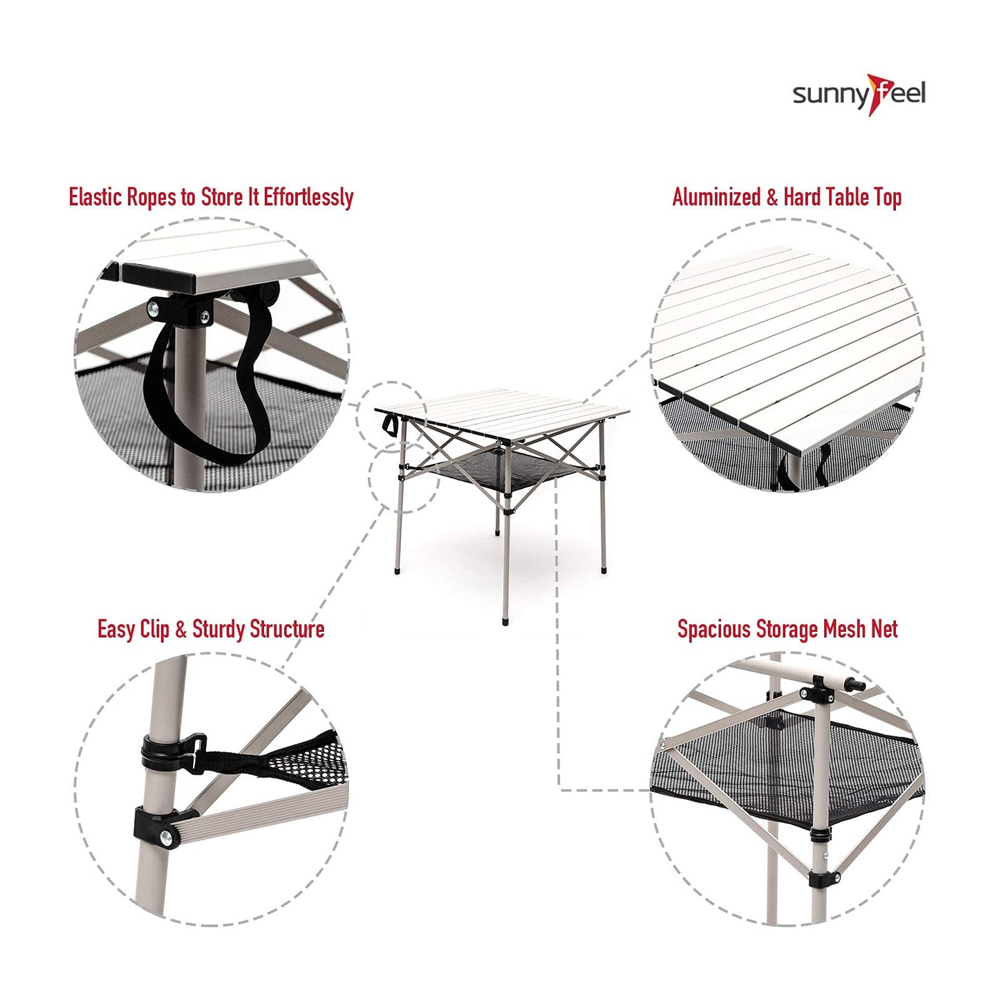 SUNNYFEEL Outdoor Folding Table | Lightweight Compact Aluminum Camping Table, Roll Up Top 4 People Portable Camp Square Tables with Carry Bag for Picnic/Cooking/Beach/Travel/BBQ