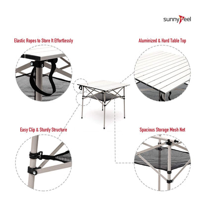 SUNNYFEEL Outdoor Folding Table | Lightweight Compact Aluminum Camping Table, Roll Up Top 4 People Portable Camp Square Tables with Carry Bag for Picnic/Cooking/Beach/Travel/BBQ