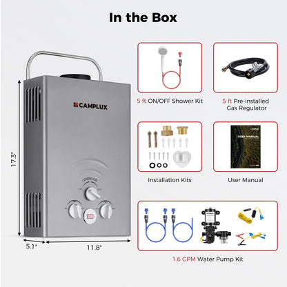 Tankless Water Heater, Camplux 1.58 GPM Propane Portable Water Heater With Pump Kit, Gray, BW158GP60