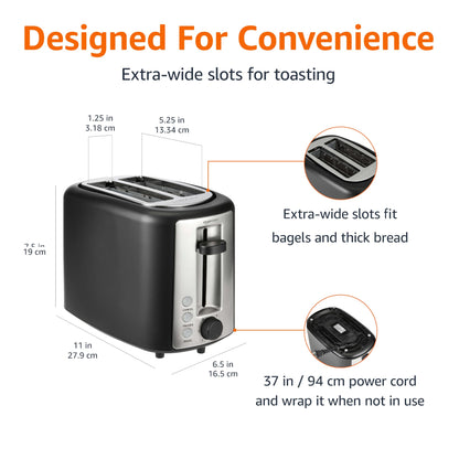 Amazon Basics 2 Slice Toaster, With 6 Browning Settings, Extra Wide Slots For Bagels and Special Breads, Removable Easy-to-Clean Crumb Tray, Cancel/Defrost/Bagel Buttons, 900W, Black & Silver