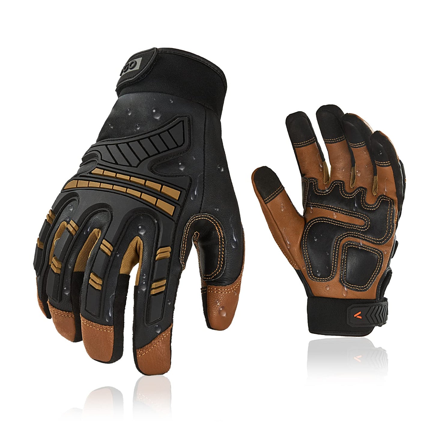 Vgo... 1-Pair High Dexterity Water Repellent Goat Leather Heavy Duty Mechanic Glove,Rigger Glove,Anti-Vibration,Anti-Abrasion,Touchscreen (Size M,Brown,GA8954)