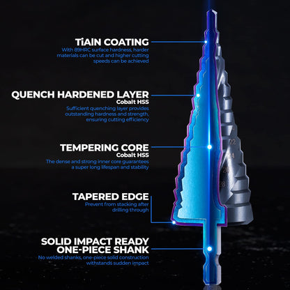 toolant Four Spiral Flute Cobalt Step Drill Bit(Pro), 3/16" - 7/8"(12 Step Size) Impact Ready Unibit Step Drill Bit, 1/4" Hex Shank Step Bit for Metal, Stainless Steel, Aluminum, Plastic