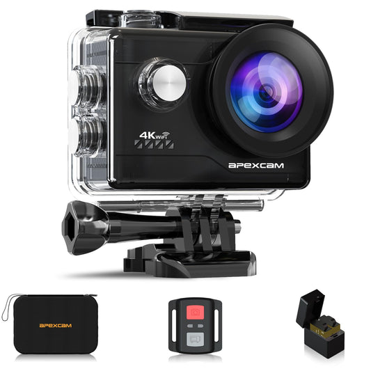 Apexcam Action Camera 4K Sports Cameras 20MP 40M 170°Wide-Angle WiFi Waterproof Underwater Camera with 2.4G Remote Control 2 Batteries 2.0'' LCD Ultra HD Camera with Mounting Accessories Kit