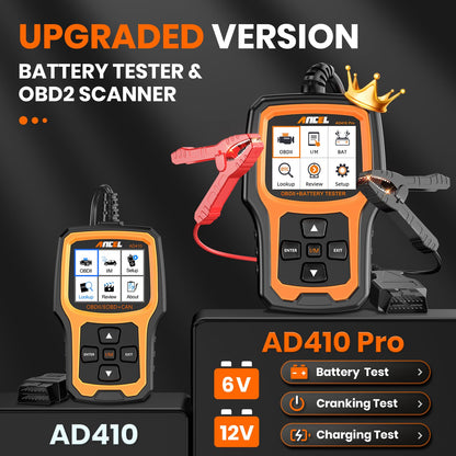 ANCEL AD410 PRO OBD2 Scanner and Battery Tester,2-in-1 Car Diagnostic Tool,Check Engine Light,EVAP Test,Live Data,6V/12V Battery Analyzer with Cranking & Charging System Test for Car Motorcycle
