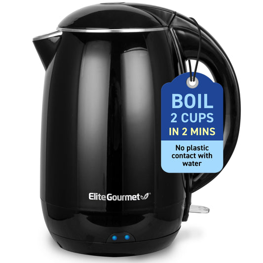 Elite Gourmet EKT1821 1.8L Double Wall Insulated, Cool-Touch 1500W Kettle w/Stainless Steel Interior & Lid, 360° Swivel Base for Cord Free Serving, Power On Lever, Auto Shut-Off, Boil Dry, Black