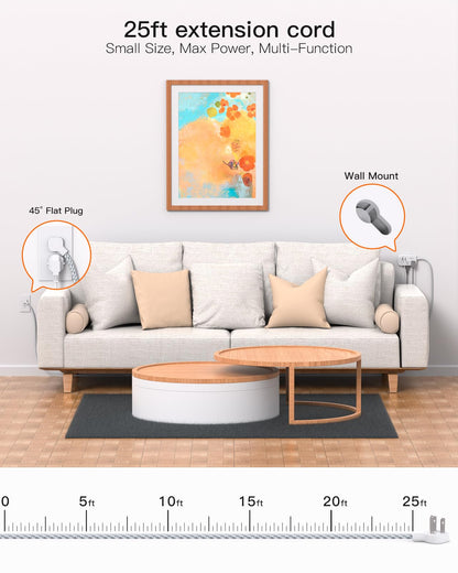 Extension Cord 25 Ft, Flat Plug Power Strip with 6 Outlets with 4 USB Ports(2 USB C), Wall Mount Charging Station, No Surge Protector for Home Office College Dorm Room Travel Essentials