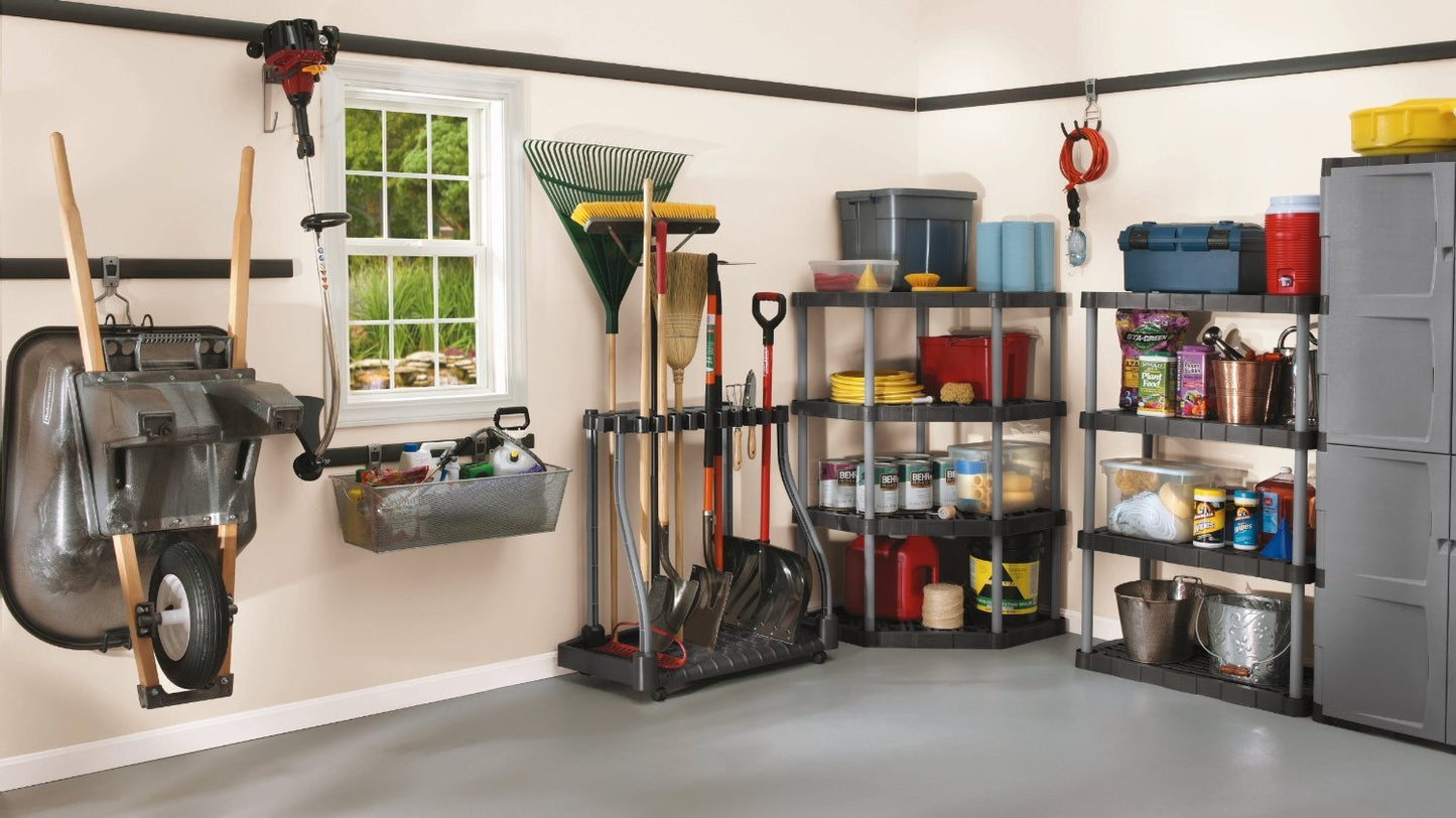 Rubbermaid Garage Tool Tower Rack Easy to Assemble Wheeled Organizes up to 40 Long-Handled Tools/Rakes/ Brooms/Shovles in Home/House/Outdoor/Shed Black