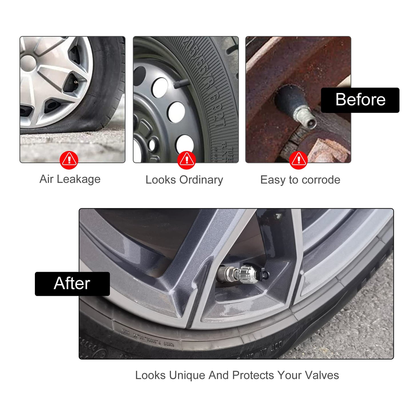 SINGARO Aluminum Tire Valve Cap, Car Tire Waterproof and Dustproof Valve Stem Cover Accessories, Universal for SUV, Car, Bike and Motorcycle (4PCS Silver)