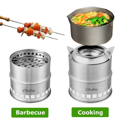 Camping Stove, Ohuhu Camp Stove Wood Burning Stove Stainless Steel Stoves Mini Portable Stove for Camping Picnic BBQ Backpacking Hiking Survival Emergency Cooking Outdoor with Grill Grid Carry Bag