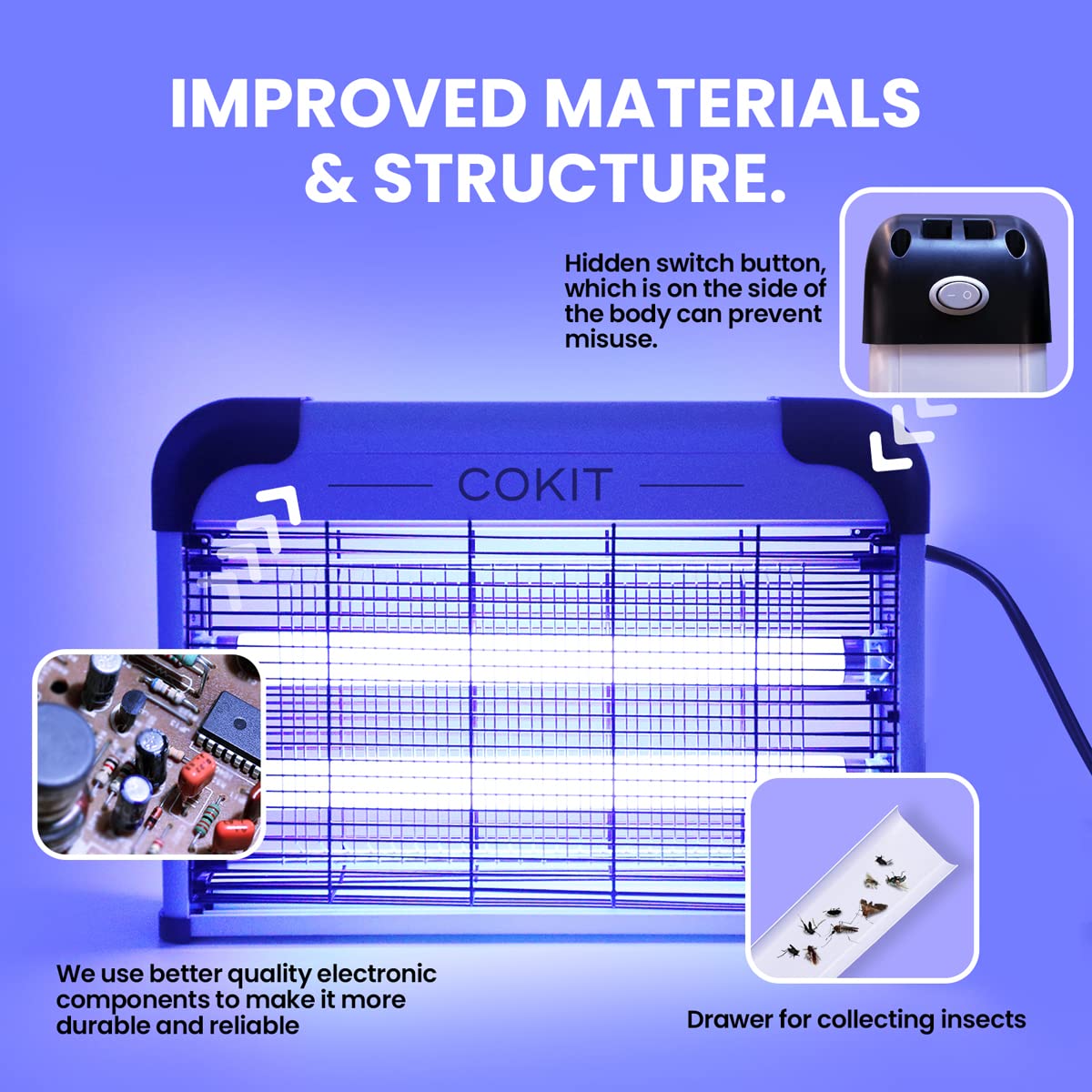 COKIT Bug Zapper Indoor 20W Electric Insect Killer with Bug Collection Tray, Fly and Mosquito Killer for Home, Kitchen, Garage, Patio, Includes 2 Extra Replacement Bulbs