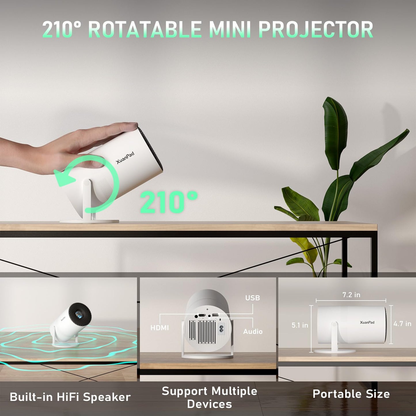 [Official Netflix & Electric Focus] Projector with WiFi and Bluetooth, XuanPad Full HD 1080P Portable Projector, 210° Rotatable Stand, Auto Keystone, Dust Removal and Heat Dissipation Design