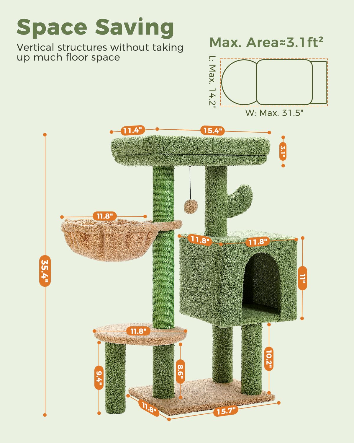 Cactus Cat Tree 35.4"- Medium Cat Tower w/Sisal Scratching Post, Cat Condo for Indoor Cats, Large Padded Top Perch, Comfy Hammock, and 2 Dangling Balls for Small-Medium Cats, Green