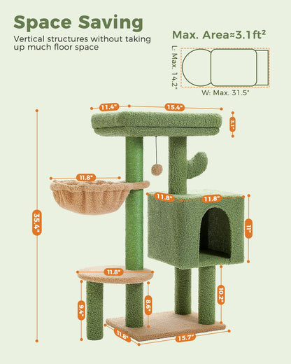 Cactus Cat Tree 35.4"- Medium Cat Tower w/Sisal Scratching Post, Cat Condo for Indoor Cats, Large Padded Top Perch, Comfy Hammock, and 2 Dangling Balls for Small-Medium Cats, Green