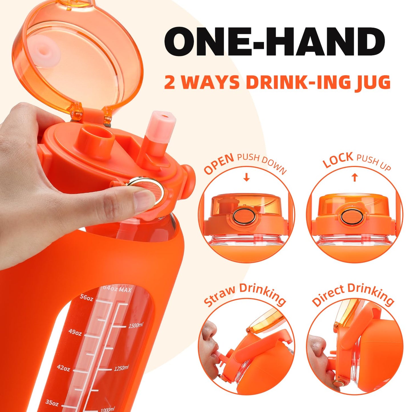 SIEROZUR 64oz Glass Water Bottle with Straw and Handle Lid Half Gallon Motivational Glass Bottle with Silicone Sleeve and Time Marker Large Reusable Sports Water Jug for Gym Home Workout