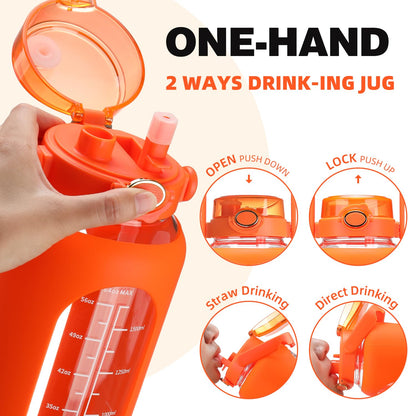 SIEROZUR 64oz Glass Water Bottle with Straw and Handle Lid Half Gallon Motivational Glass Bottle with Silicone Sleeve and Time Marker Large Reusable Sports Water Jug for Gym Home Workout