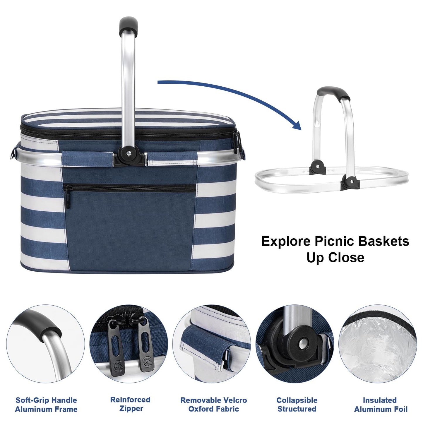 ALLCAMP Picnic Basket - Insulated Cooler, Thickening Foldable Picnic Basket with Removable Baskets & Sewn-in Frame, Basket for House Warming Gifts New Home(Blue and White)