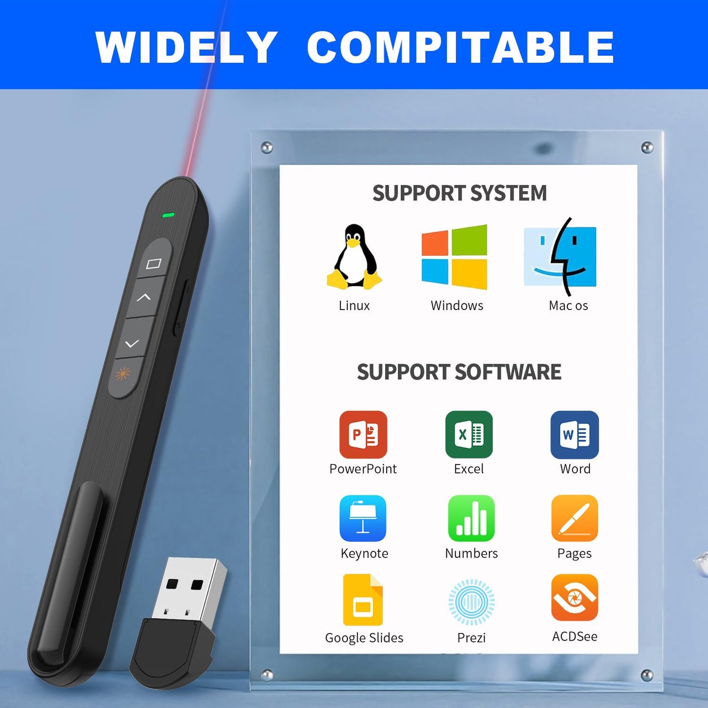 QUI Presentation Clicker for PowerPoint, RF 2.4GHz USB Wireless Presenter Remote with Volume Control, PowerPoint Clicker Slide Advancer for Mac, Windows, Laptop, Keynote