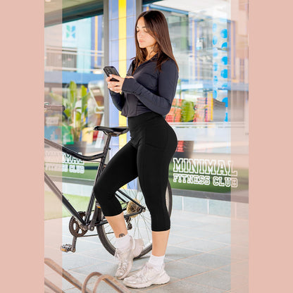 SINOPHANT High Waisted Leggings with Pockets Women, Full Length Capri Buttery Soft Stretchy Yoga Pants(Capri Black,S-M)