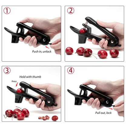 Cherry Pitter - Ordekcity Stainless Steel Cherries Corer Pitter Tool with Hand-held Push Design, Save Time & Space for Making Cherry Jam with Lock Design(Black)