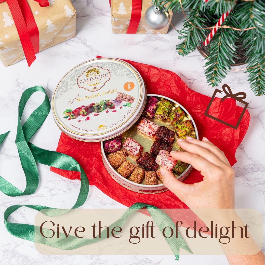 Zaitoune Turkish Delight Mix - 9 oz | Luxury Coatings of Pomegranate, Pistachio, Coconut, Kataifi & Rose | Authentic Lokum Sweet Assortment in a Beautiful Gift Tin | Handmade & Individually Wrapped