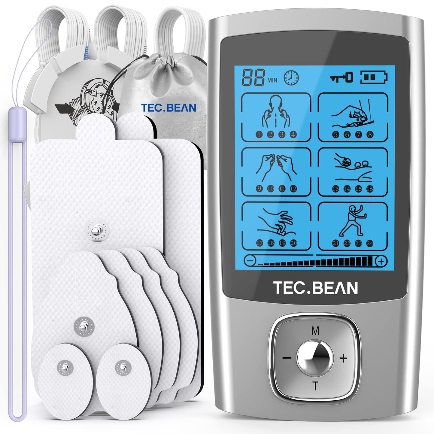 TEC.BEAN 24 Modes Tens Unit Muscle Stimulator, Rechargeable Tens Machine with 8 Electrode Pads (American Gel), Electric Pulse Massager for Pain Relief Therapy(Silver)