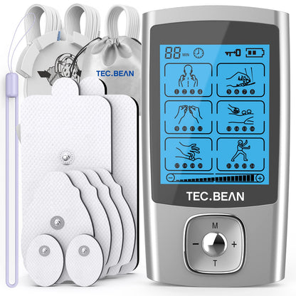 TEC.BEAN 24 Modes Tens Unit Muscle Stimulator, Rechargeable Tens Machine with 8 Electrode Pads (American Gel), Electric Pulse Massager for Pain Relief Therapy(Silver)