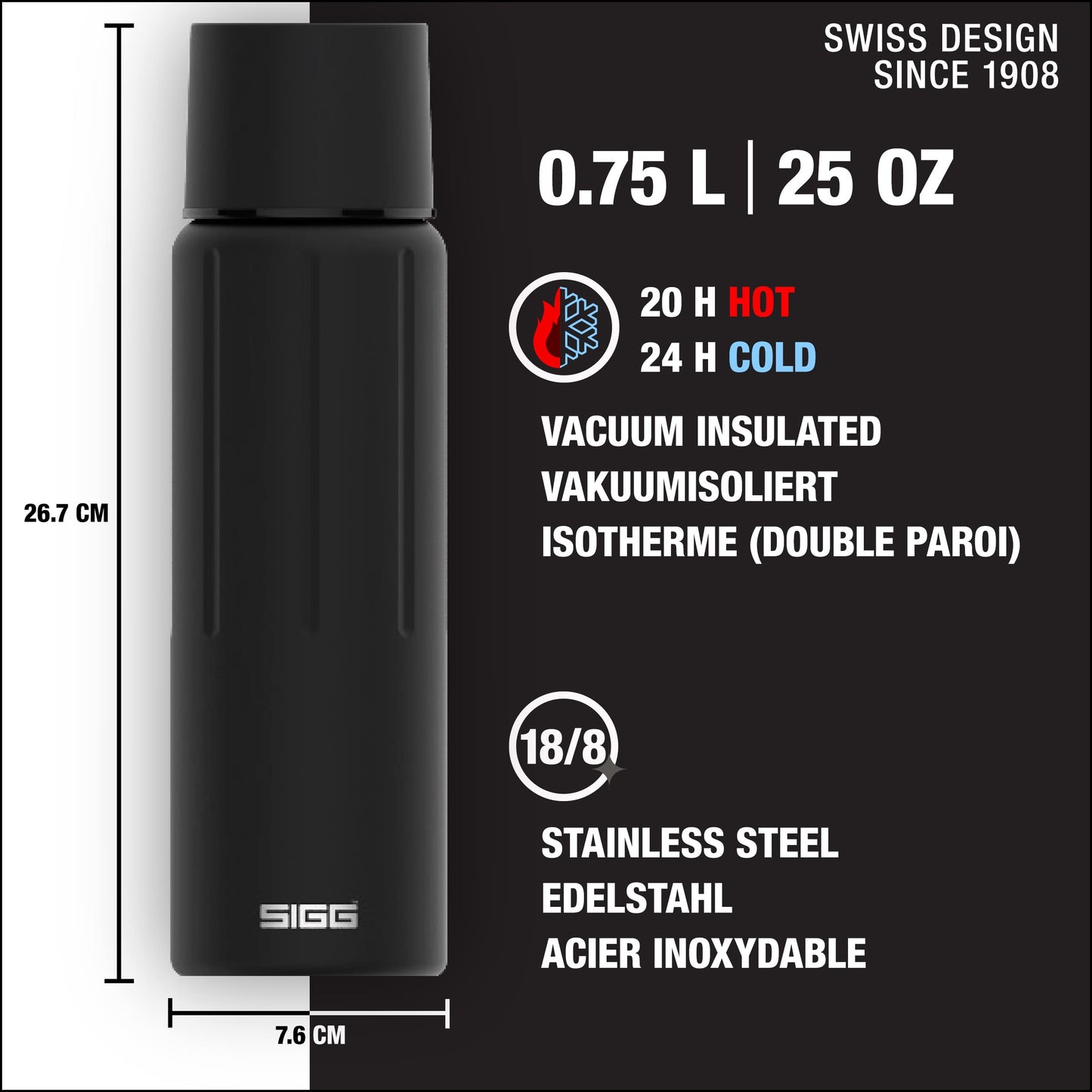 SIGG - Obsidian Insulated Water Bottle - Thermo Flask Gemstone with Cup - Leakproof - Lightweight - BPA Free - 18/8 Stainless Steel - 25 Oz