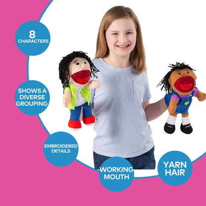 Fun Express 14" Happy Kids Stuffed Hand Puppets with Movable Mouths - 8 Puppets - Multicultural - Great for School and Home