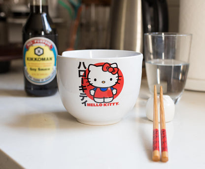 Silver Buffalo Sanrio Hello Kitty Japanese Ceramic Ramen Noodle Rice Bowl with Chopsticks, Microwave Safe, 20 Ounces