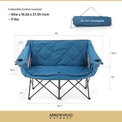 ARROWHEAD OUTDOOR Portable Folding Double Duo Camping Chair Loveseat w/ 2 Cup & Wine Glass Holder, Heavy-Duty Carrying Bag, Padded Seats & Armrests, Supports up to 500lbs, USA-Based Support